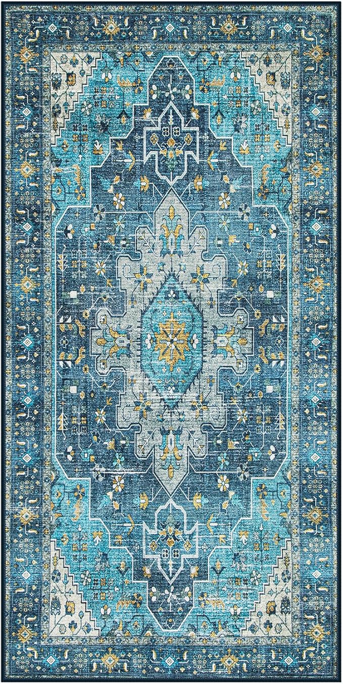 Moynesa 2x4 Teal Vintage Floral Medallion Runner Rug - Machine Washable, Non-Slip, Low Pile, Indoor Use Only
