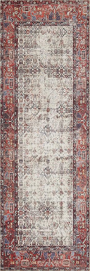 Loloi Layla Collection LAY-12 Ivory/Brick 2'-6" x 12'-0" .13" Thick Runner Rug, Soft, Durable, Vintage Inspired, Distressed, Low Pile, Non-Shedding, Easy Clean, Printed, Living Room Rug