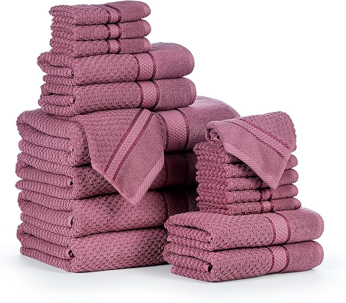 Ample Decor 100% Cotton 18 Pcs Bathroom Towel Set, Luxury Bath Towels for Bathroom - 4 Bath Towels, 4 Hand Towels, 10 Washcloths - Grape Purple