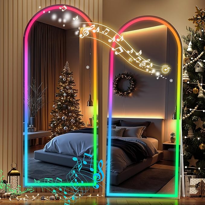 Hasipu 74.8" x 27.5" Arch LED RGB Bluetooth Full Length Mirror with Stand ＆ 7 Color Lighting Modes, Full Body Mirror with White Frame for Bedroom, Living Room, Dressing Room