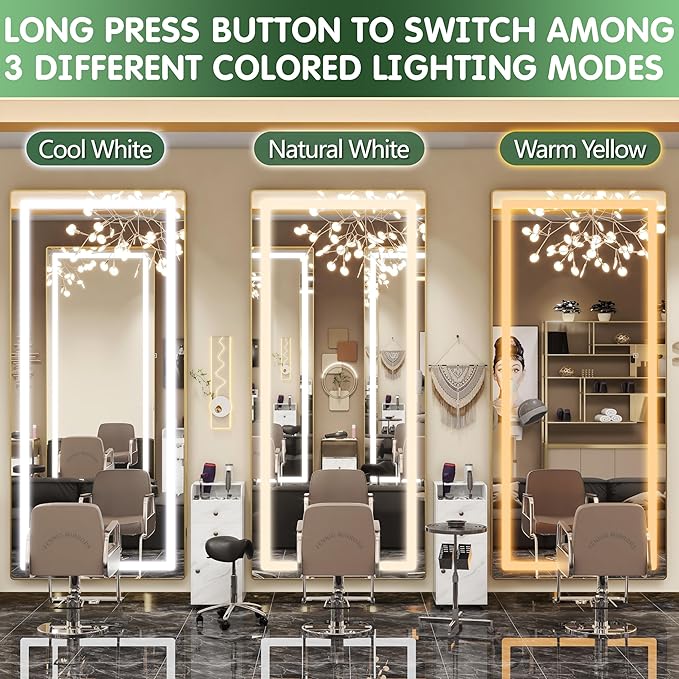 FENNIO 80" x 36" LED Full Body Mirror, Oval Wall Mounted Hanging Mirror with Lights for Bedroom, Salon, 3 Color Lighting, Tempered Glass