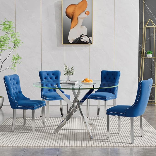 Goujxcy Round Dining Table Set for 4, Modern Glass Kitchen Table and Chairs Set of 4, 5-Piece Dining Room Table Set w/47 Circle Silver Glass Dining Table and 4 Upholstered Velvet Chairs