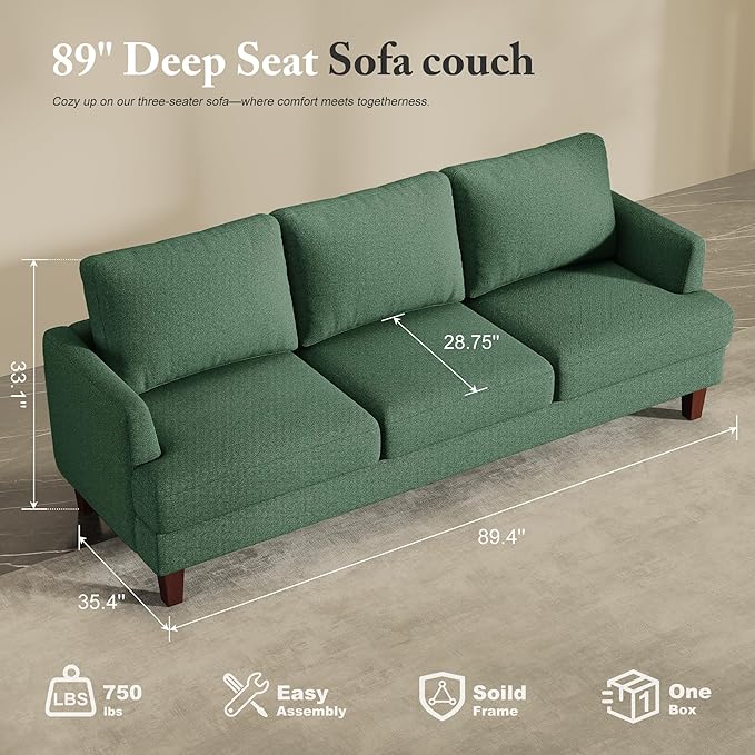 3 Seater Sofa Couch with Deep Seats, 89" Mid Century Modern Upholstered Sofa with Armrests, Comfy Couches for Living Room, Bedroom, Apartment and Office (Green)