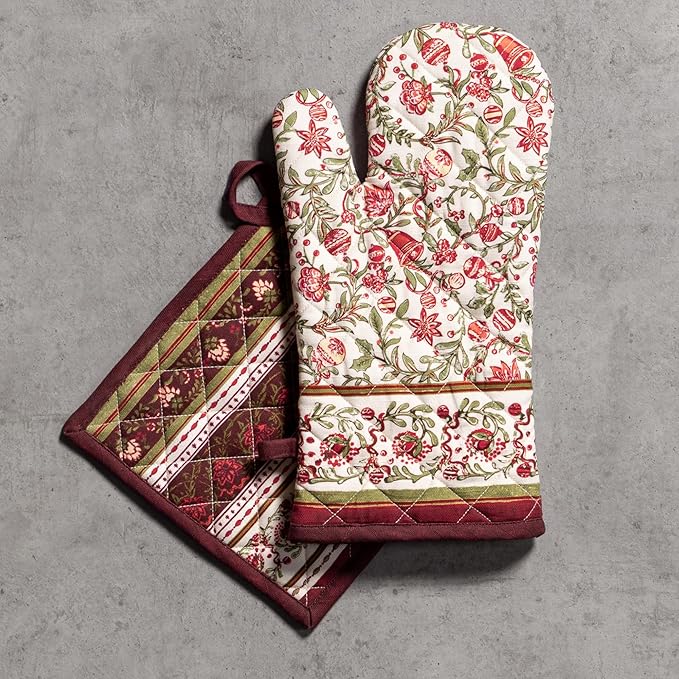 Maison d' Hermine 100% Cotton Oven Mitt & Pot Holder Set (7.5"x13" & 8"x8") Heat Resistant BBQ Cooking Gloves with Loop for Thanksgiving Christmas Decorations Handling Hot Pans (Reveillon Au Jardin)