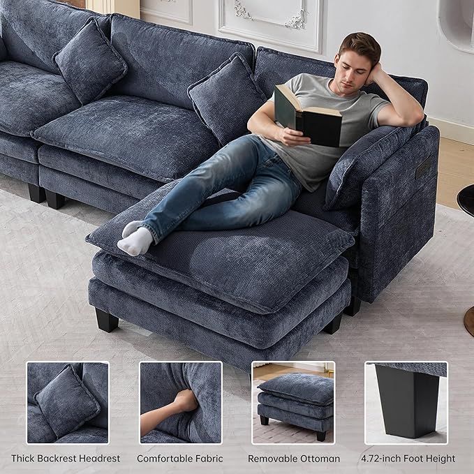 108" Modern L-Shaped Sectional Sofa with USB & Type-c Port Charger, Modular Cloud Couch, Deep Seating Chenille Fabric 4-Seater with Ottoman and Pillows for Living Room (Blue)