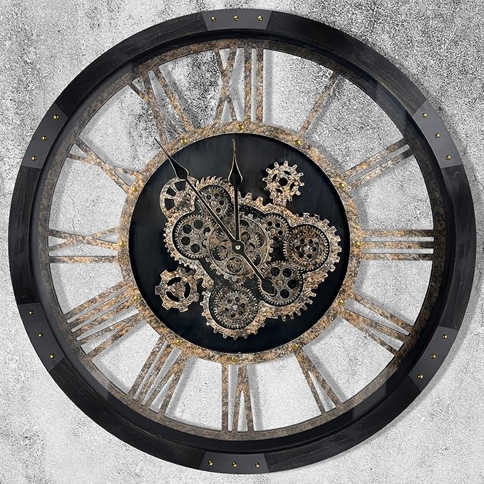 DORBOKER 40" Original Moving Gears Wall Clock, Large Industrial Wall Clock for Living Room Decor,Oversized Wood Vintage Farmhouse Steampunk Rustic Clocks for Wall Decor Vintage Black
