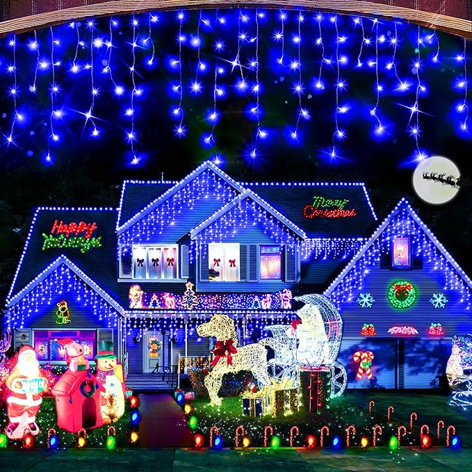 Hezbjiti Outdoor Christmas Lights, 400LED Ice Lights 33FT LED Fairy String Lights with 8 Modes and 75 Drops for Eaves, Party, Yard, Garden Decor（Bule）