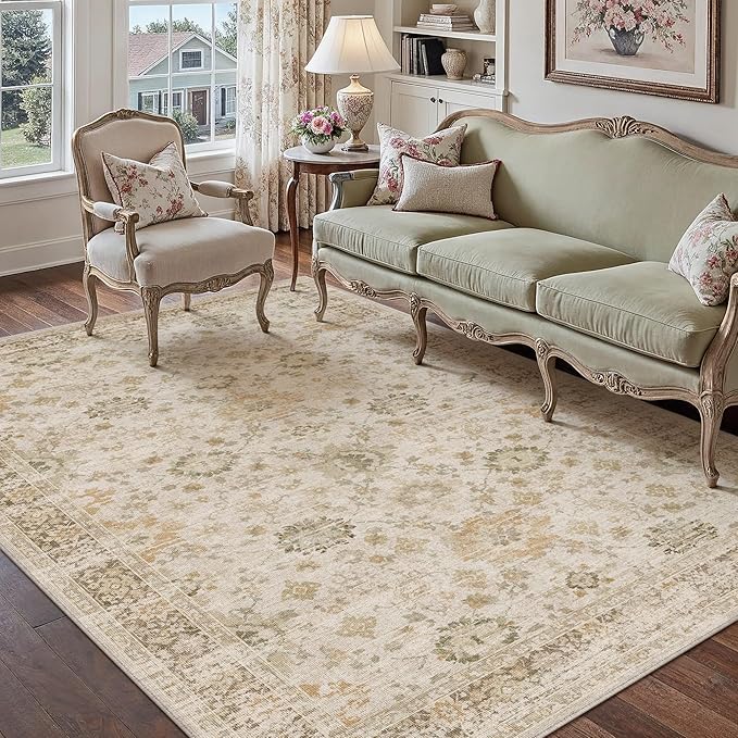 Beige 5x7 Area Rug Non Slip Vintage Living Room Distressed Machine Washable Carpet Retro Indoor Bedroom Floral Traditional Accent Throw Rug for Office Kitchen Dorm Dining Room