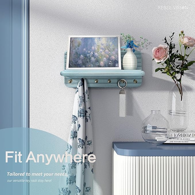 Rebee Vision Pine Wood Key Holder Wall Mount for Room Accessories – Decorative Key Holder for Wall with 6 Hooks & Floating Shelf – Rustic Wall Organizer for Home Decor Aesthetic (Blue)