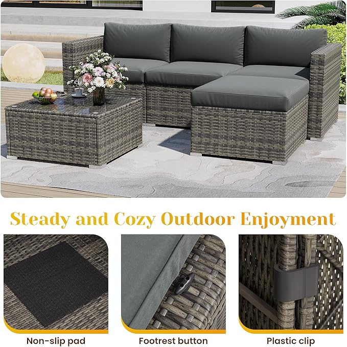 5 Piece Outdoor Patio Sectional Furniture Set, Weather Resistant Rattan Outside Couch, Waterproof Conversation Sofa for Balcony, Porch, Backyard, Deck, Garden, Grey