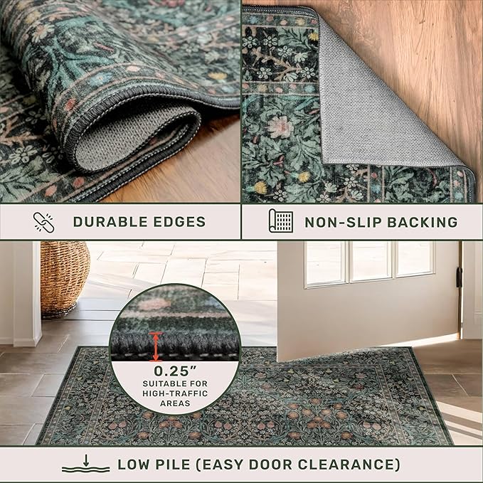 Dining Room Rugs for Under Table - 7x9 Washable Dark Green Oriental Area Rug for Living Room, Non-Slip Floor Carpet for Bedroom Under Bed - Vintage Design & Stain Resistance