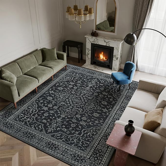 Washable Rugs 8x10 Area Rugs for Living Room,Bedroom,Dining Room- Soft Low Pile Stain-Resistant Carpet with Non-Slip Rubber Backing,Large Vintage Area Rug for Farmhouse Nursery Home Office Decor