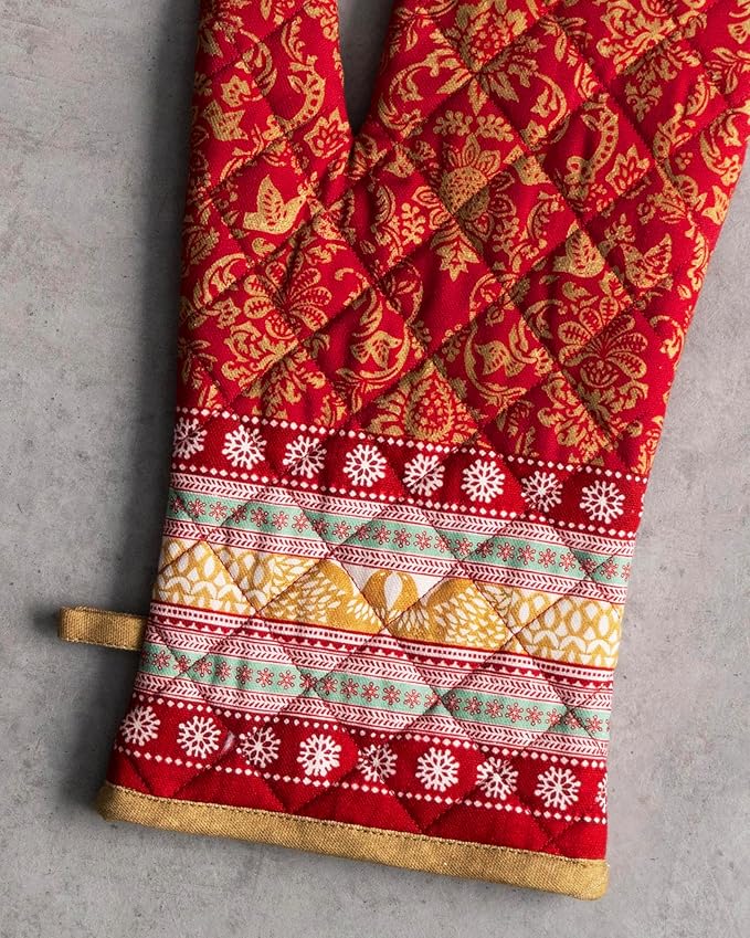 Maison d' Hermine 100% Cotton Oven Mitt & Pot Holder Set (7.5"x13" & 8"x8") Heat Resistant BBQ Cooking Gloves with Loop for Thanksgiving Christmas Decorations Handling Hot Pans (Sofia)