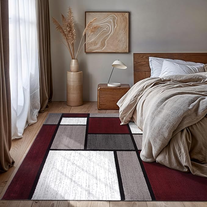 Rugshop Modern Geometric Boxes Red Area Rug, Non-Shedding Carpet for Living Room, Bedroom, or Dining Room, 5'3" x 7'3"