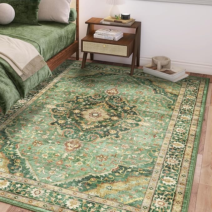 6x9 Vintage Rugs for Dining Room, Washable Rugs Non Slip Large Area Rug for Living Room Bedroom Office, Floor Decoration Big Rug Mat Low-Pile Kid & Pet Friendly(Border Green)