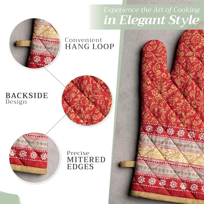 Maison d' Hermine 100% Cotton Oven Mitt & Pot Holder Set (7.5"x13" & 8"x8") Heat Resistant BBQ Cooking Gloves with Loop for Thanksgiving Christmas Decorations Handling Hot Pans (Sofia)