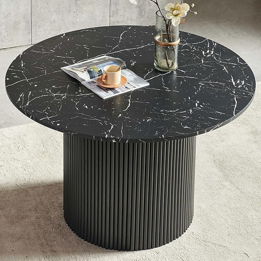 47" Round Dining Table for 4, Modern Farmhouse Marble-Look Foiled Top with MDF Striped Base, Kitchen & Dining Room Tables - Black