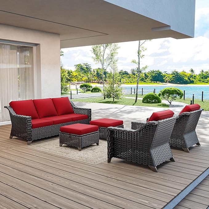5 Pieces Wicker Patio Furniture, Luxury Outdoor Conversation Sets with 2 Patio Rattan Chair, 3-Seater Sofa, 2 Patio Ottoman, Wide Armrest, Thickened Cushions, Ideal for Deck, Porch Use