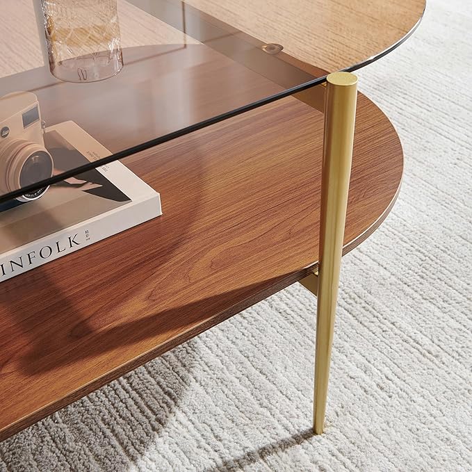X-Large Oval Glass Coffee Table, Mid-Century Modern Design, L47 x W24 x H17 inch, for Living Room, Amber Glass Top and Walnut Finish Wood Shelf, Conical Legs with Gold Finish Frame