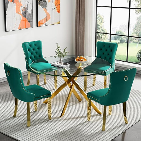 Goujxcy Round Dining Table Set for 4, Modern Glass Kitchen Table and Chairs Set of 4, 5-Piece Dining Room Table Set w/47 Circle Gold Glass Dining Table and 4 Upholstered Velvet Chairs