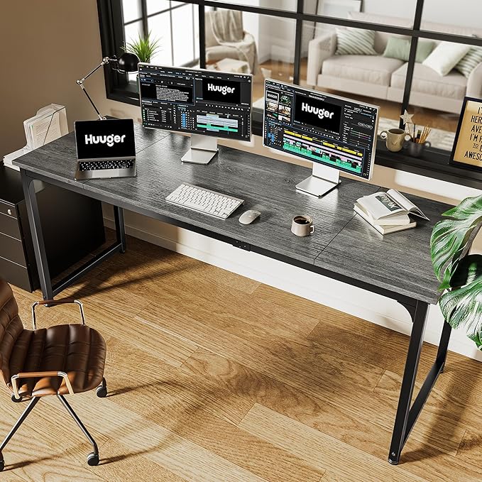 Huuger Computer Desk, 70 Inch Office Desk, Gaming Desk with Storage, Writing Desk Work Desk for Home Office, Study, Long Simple Desk, Large Legroom, Metal Frame, Grey