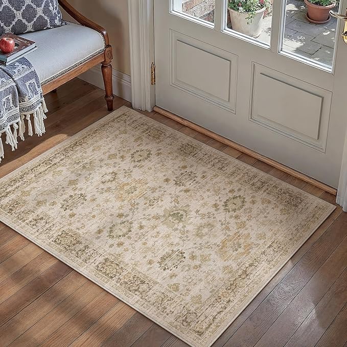 Beige 2x3 Entryway Area Rug Machine Washable Doormat Kitchen Vintage Distressed Non Slip Carpet Indoor Traditional Floral Accent Throw Small Rug for Bathroom Office Bedroom Living Dining Room