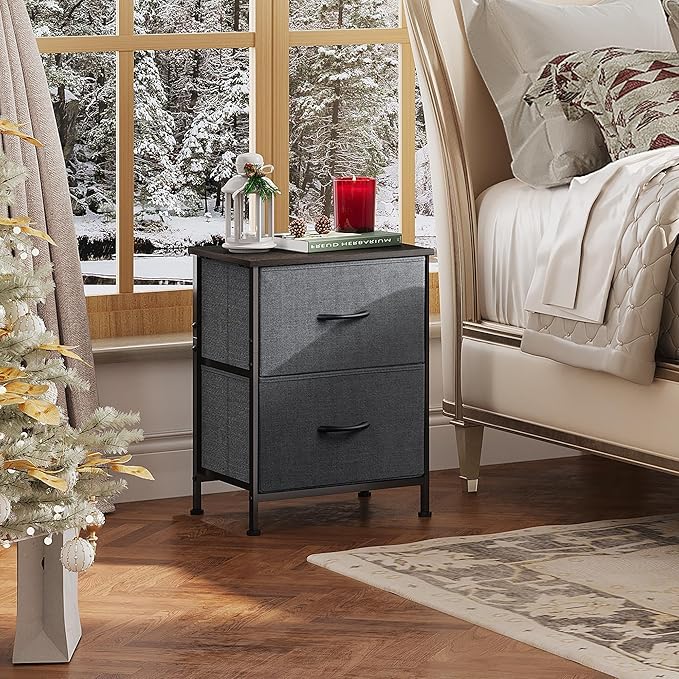 WLIVE Nightstand, 2 Drawer Dresser for Bedroom, Small Dresser with 2 Drawers, Bedside Furniture, Night Stand, End Table with Fabric Bins for Bedroom, Closet, Entryway, College Dorm, Dark Grey