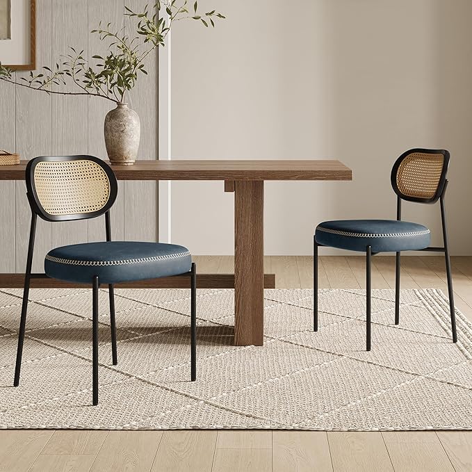 Rattan Dining Chairs Set of 2, Blue Leather Upholstered Dining Chairs with Rattan Cane Back, Mid Century Modern Dining Room Chairs with Black Metal Legs & D-Shaped Thicken Cushion, Blue