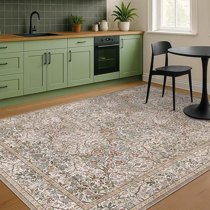 Dining Room Rugs for Under Table - 5x8 Washable Moss Green Oriental Area Rug for Living Room, Low Pile Non-Slip Floor Carpet for Bedroom - Vintage Brown Design & Stain Resistance