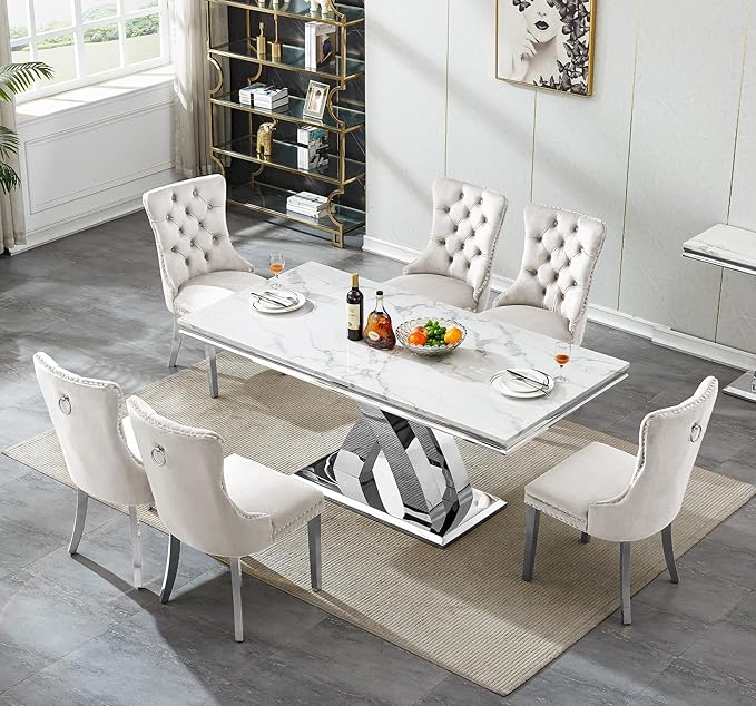 Modern White Marble Dining Table Set for 6,7-Piece Kitchen Table and Chairs for 6,Luxury Silver Dining Room Table Set w/68" Rectangle Dinner Table & 6 Beige Velvet Chairs for Kitchen Dining Room