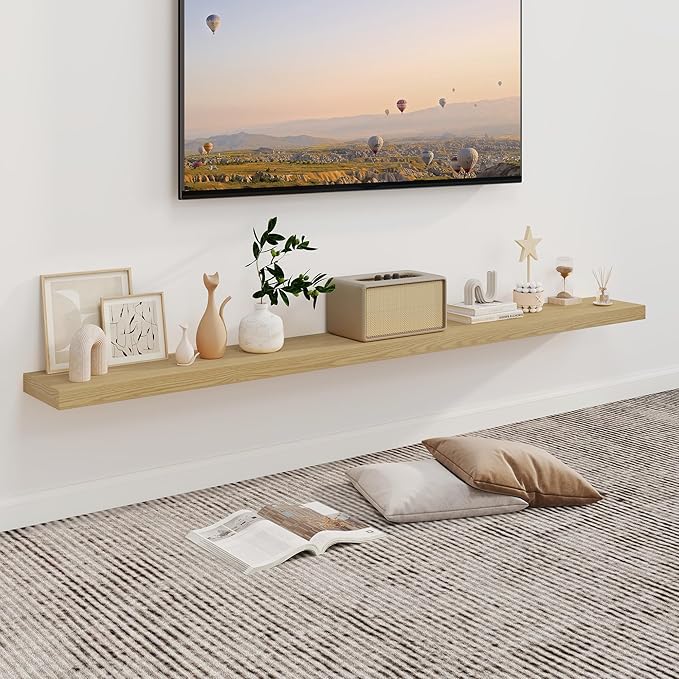 Fun Memories 72Inch Floating Shelves,Wall Mounted Rustic Wood Floating Shelf with Invisible Brackets for Storage & Decor,2 Pack Shelves for Bathroom,Bedroom and Kitchen,Oak