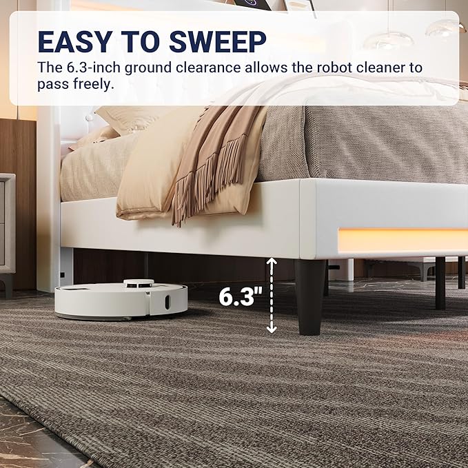 Allewie Upholstered King Size Platform Bed Frame with LED Light and Charging Station, Button Tufted High Headboard, Wingback Design, Noise Free, Easy Assembly, No Box Spring Needed, White