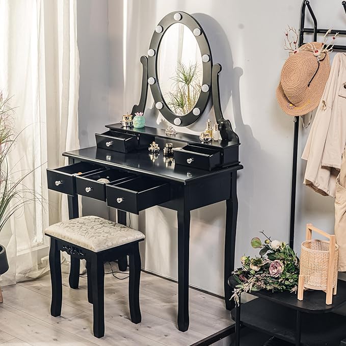 Vanity Desk, Vanity Mirror with Lights and Table Set with 5 Drawers, Wood Makeup Dressing Table with Oval Mirror & Stool for Bedroom Women Girls，Black