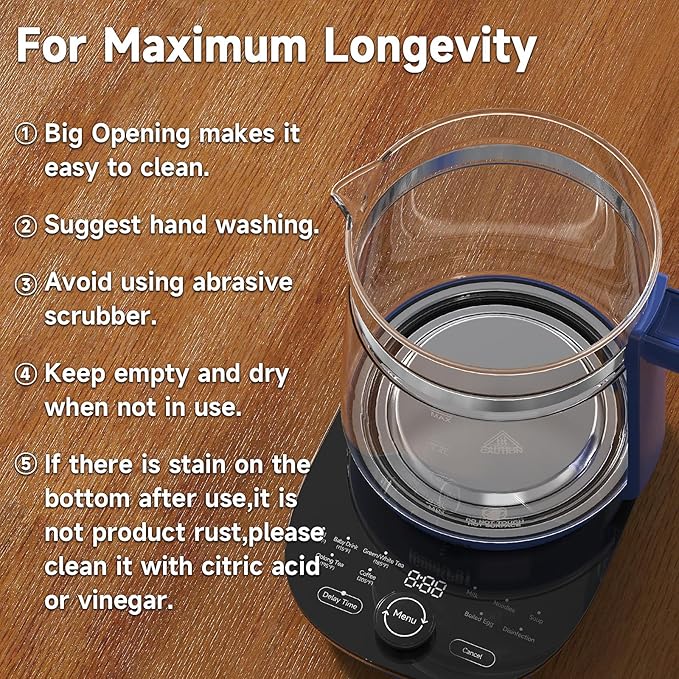 Hot Glass Electric Kettle with Tea Infuser and Temp Control, 1.5L Stainless Steel Maker & 1200W Rapid Boiling, Programmable for Teas & Coffee, Blue