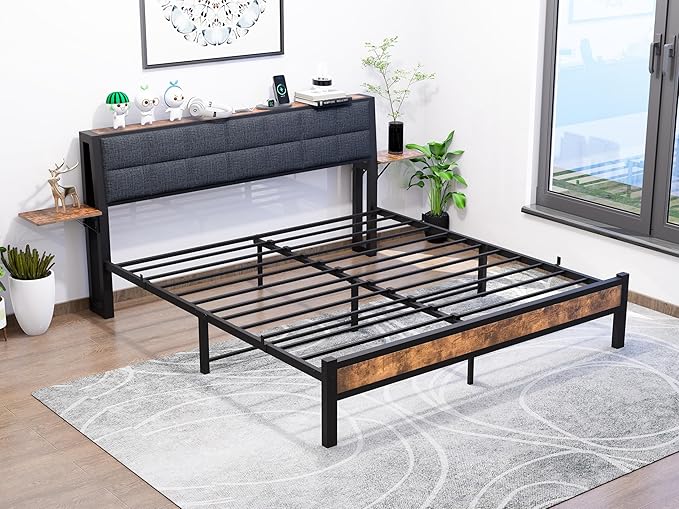Queen Metal Bed Frame with Ergonomic Upholstered Headboard and Charging Station, Platform Bed Frame with Storage Shelves, Heavy Duty Metal Slats, No Box Spring Needed, Brown+Grey