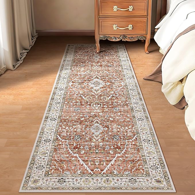 Deerly Boho Rug Runner - 2x7 Washable Kitchen Rugs with Non Slip Backing, Non-Shedding Floral Soft Rug Runners for Hallways Vintage Long Rug for Bathroom(Border Brick Red 2x7ft)