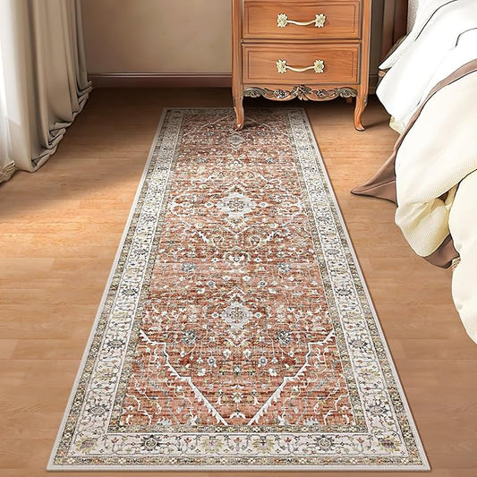 Deerly Boho Rug Runner - 2x7 Washable Kitchen Rugs with Non Slip Backing, Non-Shedding Floral Soft Rug Runners for Hallways Vintage Long Rug for Bathroom(Border Brick Red 2x7ft)