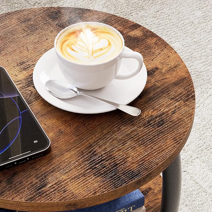 Small Round Side Table, 3-Tier End Table with Storage Shelf, Slim Sofa Table Coffee Table, Sturdy & Easy Assemble Nightstand for Small Spaces, Living Room Bedroom Corner, Rustic Brown