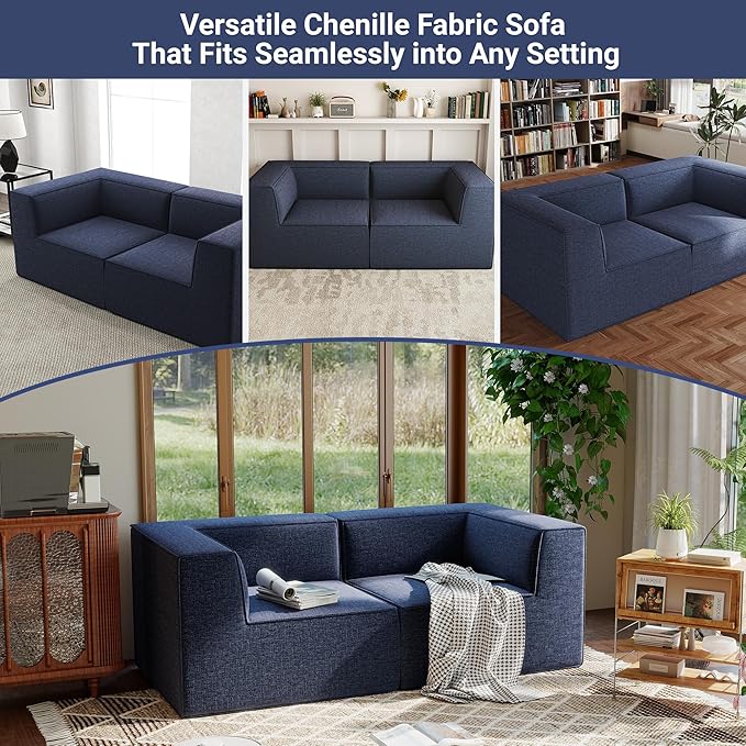 76" Sectional Compressed Sofa Modular Couches Loveseat 2 Deep Seat,High-Density Foam No Assembly Required,2-Piece(2xCorner) for Living Room Fabric Chenille Blue