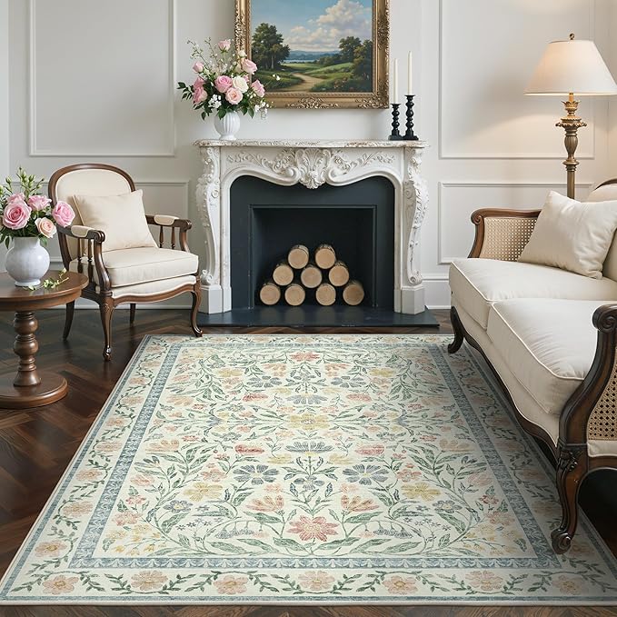 GENIMO 5x7 Washable Area Rug, Non-Slip Vintage Boho Floral Carpet, Soft Low-Pile Thin Bedroom Rug for Living Room, Dining Room, Nursery, Green