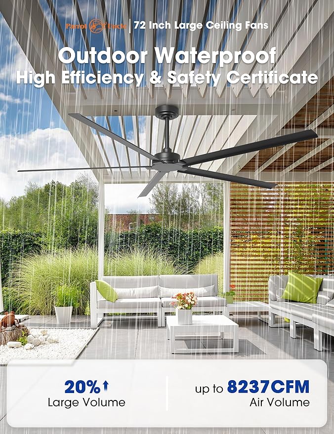 Ceiling Fans Outdoor Waterproof, 72 Inch Black Industrial Ceiling Fans without Lights, Large Ceiling Fan No Light with 5 Aluminum Blade, Reverse DC Motor, Outdoor Fans for Patio Shop Garage LivingRoom