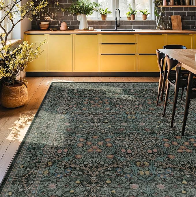 Washable Dark Green 10x12 Rug for Living Room - Extra Large Area Rugs for Dining Room Under Table, Bedroom, Soft Low Pile Non Slip Stain Resistant Carpet - Vintage Floral Design Non-Slip