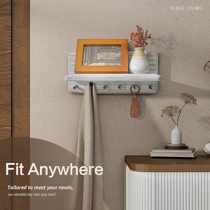 Rebee Vision Decorative Pine Wooden Key Holder Wall Mount for Apartment Essentials – Pine Wooden Key Holder for Wall with 6 Hooks & Floating Shelf – Modern Farmhouse House Decor (Whitewash)