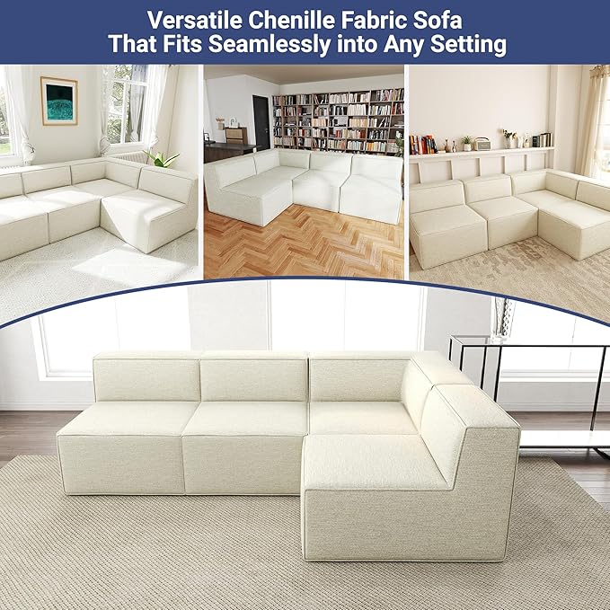 97" Sectional Compressed Sofa Modular Couches,High-Density Foam No Assembly Required,3-Piece(1xCorner 3xArmless) for Living Room, Chenille Beige White