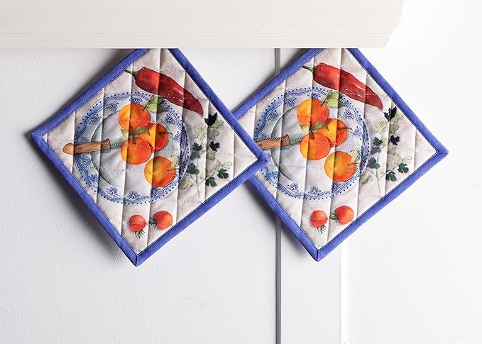 Maison d' Hermine Pot Holders Set 100% Cotton Heat Resistant Potholders 8" x 8" Hot Pads with Loop BBQ, Cooking, Baking, Grilling, Kitchen, Handling Hot Pans Spring/Summer (Pack of 2, Gourmand)