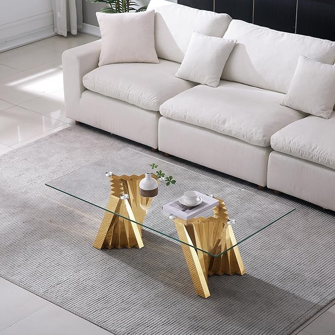 Goujxcy Modern Glass Coffee Table 51" Gold Center Table with Tempered Glass Top and Mirror Finish Stainless Steel Legs, Luxury Rectangular Coffee Table for Living Room Apartment (Gold)