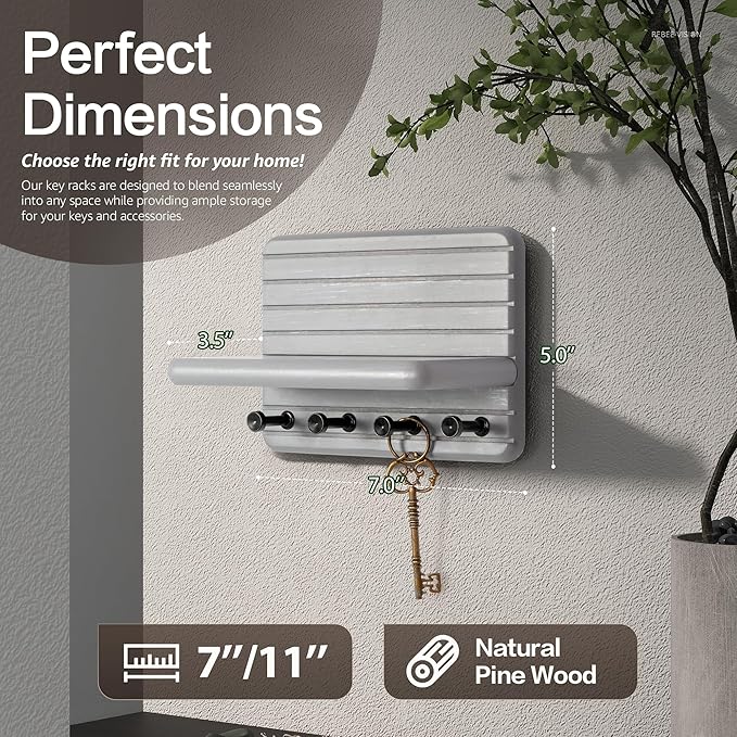 Rebee Vision Small Key Holder Wall Mount – Decorative 7-inch Pine Wooden Key Holder for Wall with 4 Hooks & Floating Shelf - Apartment Essentials for Neat and Chic Home Organization (Gray)