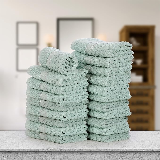 Ample Decor 100% Cotton Washcloths Set of 20 12 X 12 Inch - Highly Absorbent, Popcorn Textured - Mulaayam Collection - Mint Green 20Pcs