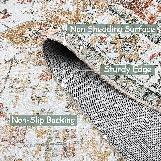 Moynesa Ultra-Thin Washable Area Rug 8x10, Large Living Room Rugs for Bedroom Under Dining Room Table, Vintage Oriental Medallion Printed Low Pile Carpet for Home Office Decor, Beige/Gold