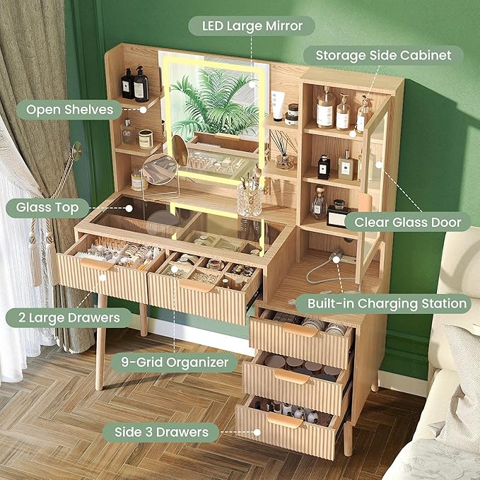 Fluted Vanity Desk with Mirror and Lights, 5 Drawers Glass Top Makeup Vanity with 10 Storage and 9-Grid Organizer, 3 Color Clear Glass Door Dressing Table with Charging Station, Natural Oak
